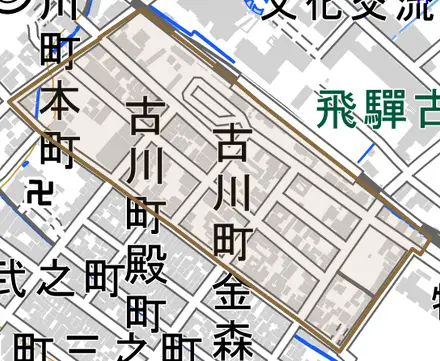 古川町金森町とその周辺の地図。町の範囲を重ねている