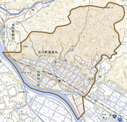 古川町袈裟丸とその周辺の地図。町の範囲を重ねている