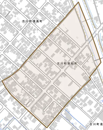 古川町貴船町とその周辺の地図。町の範囲を重ねている