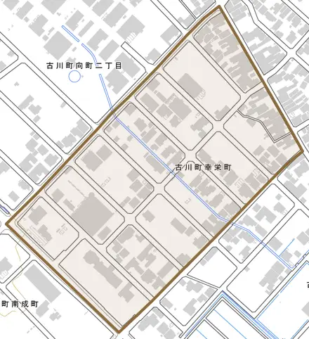 古川町幸栄町とその周辺の地図。町の範囲を重ねている
