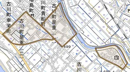 古川町是重とその周辺の地図。町の範囲を重ねている