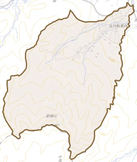 古川町黒内とその周辺の地図。町の範囲を重ねている