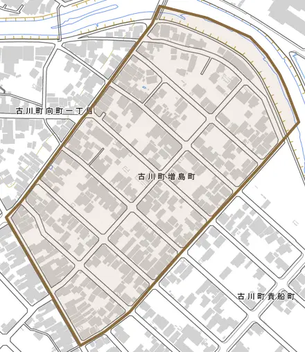 古川町増島町とその周辺の地図。町の範囲を重ねている