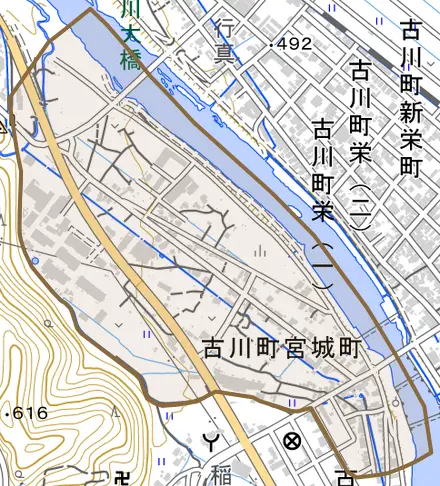 古川町宮城町とその周辺の地図。町の範囲を重ねている