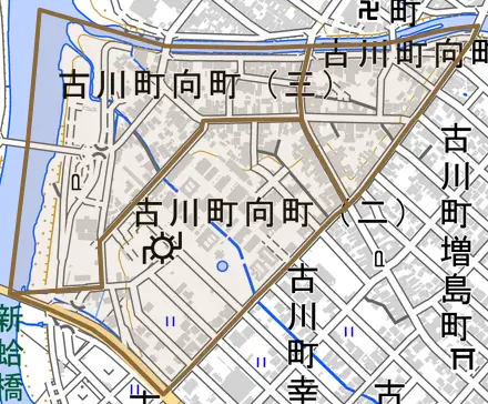 古川町向町とその周辺の地図。町の範囲を重ねている