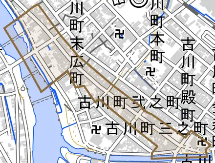 古川町弐之町とその周辺の地図。町の範囲を重ねている