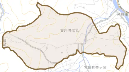 古川町信包とその周辺の地図。町の範囲を重ねている