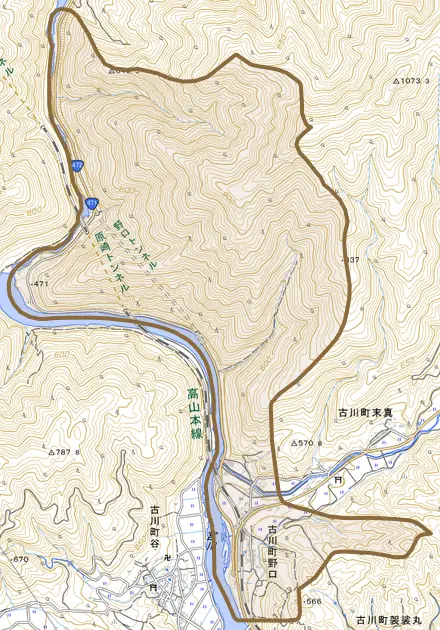 古川町野口とその周辺の地図。町の範囲を重ねている
