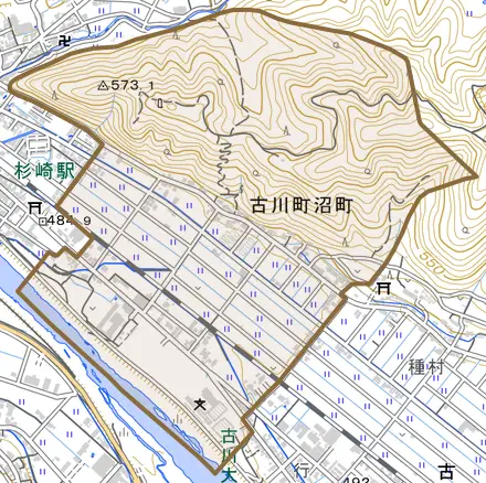 古川町沼町とその周辺の地図。町の範囲を重ねている