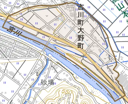 古川町大野町とその周辺の地図。町の範囲を重ねている