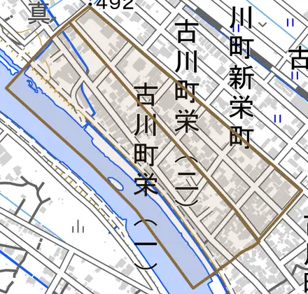 古川町栄とその周辺の地図。町の範囲を重ねている