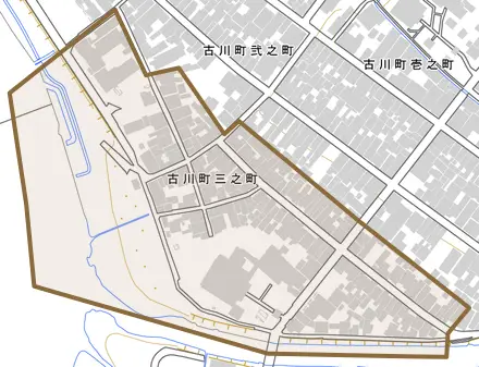 古川町三之町とその周辺の地図。町の範囲を重ねている