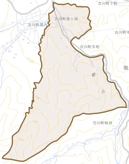 古川町笹ヶ洞とその周辺の地図。町の範囲を重ねている