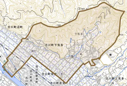 古川町下気多とその周辺の地図。町の範囲を重ねている
