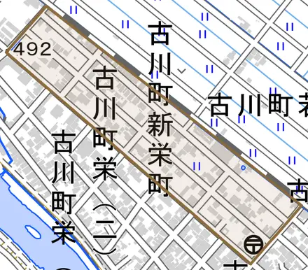 古川町新栄町とその周辺の地図。町の範囲を重ねている