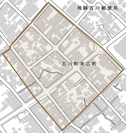 古川町末広町とその周辺の地図。町の範囲を重ねている