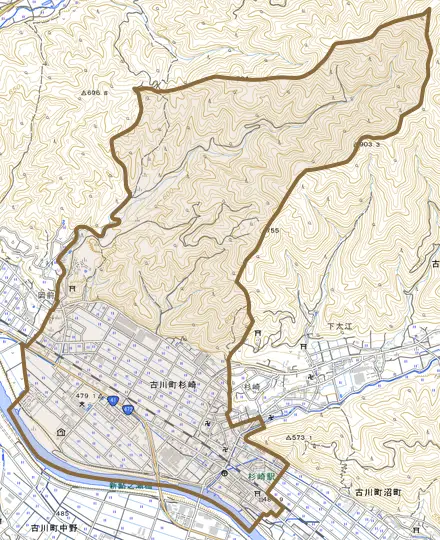 古川町杉崎とその周辺の地図。町の範囲を重ねている