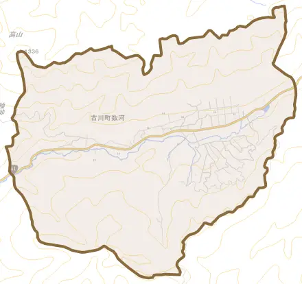 古川町数河とその周辺の地図。町の範囲を重ねている