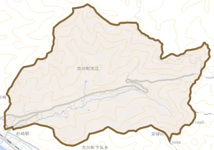 古川町太江とその周辺の地図。町の範囲を重ねている