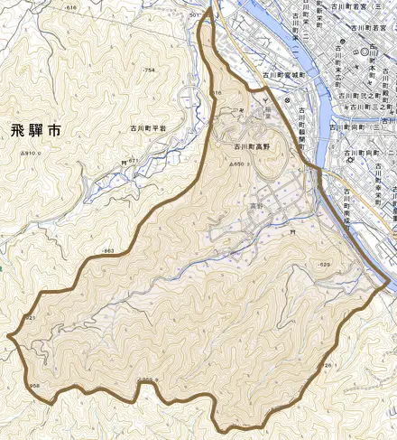 古川町高野とその周辺の地図。町の範囲を重ねている