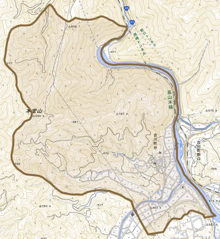 古川町谷とその周辺の地図。町の範囲を重ねている