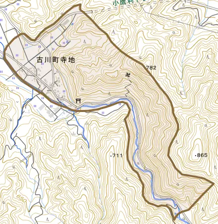 古川町寺地とその周辺の地図。町の範囲を重ねている