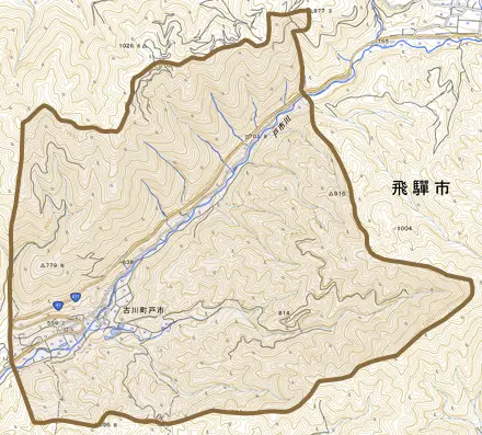 古川町戸市とその周辺の地図。町の範囲を重ねている