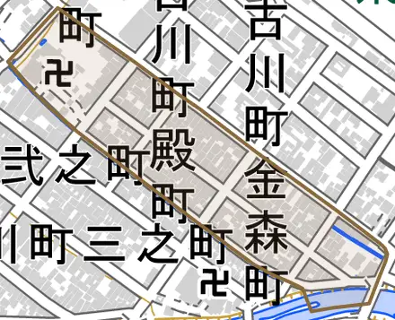 古川町殿町とその周辺の地図。町の範囲を重ねている