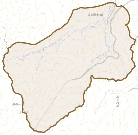 古川町畦畑とその周辺の地図。町の範囲を重ねている
