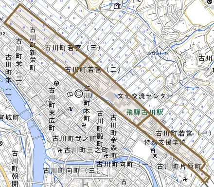 古川町若宮とその周辺の地図。町の範囲を重ねている