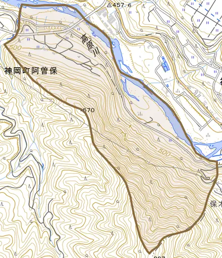 神岡町阿曽保とその周辺の地図。町の範囲を重ねている