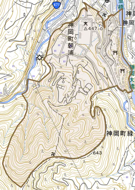 神岡町朝浦とその周辺の地図。町の範囲を重ねている