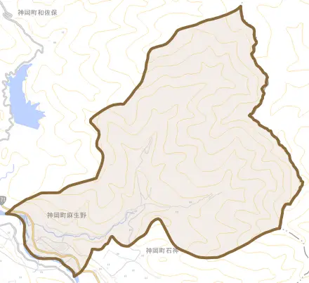 神岡町麻生野とその周辺の地図。町の範囲を重ねている
