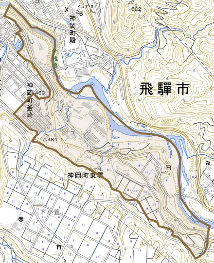 神岡町東雲とその周辺の地図。町の範囲を重ねている