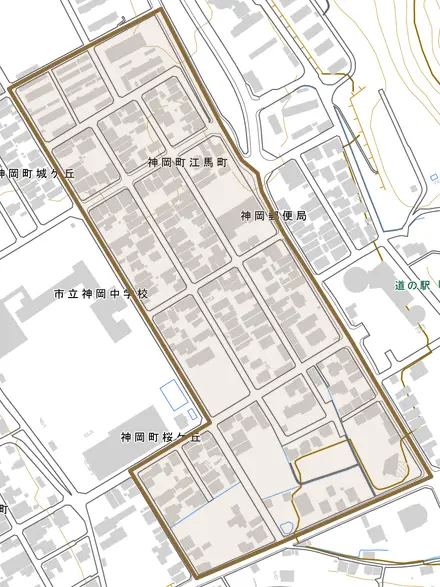 神岡町江馬町とその周辺の地図。町の範囲を重ねている