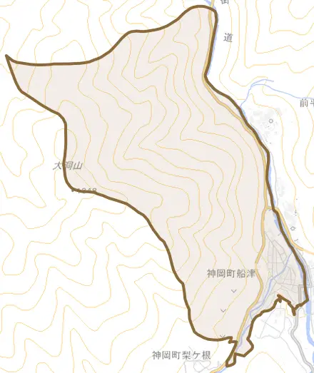 神岡町船津とその周辺の地図。町の範囲を重ねている