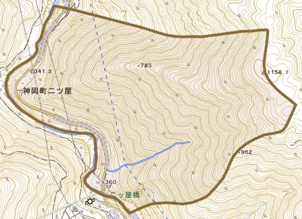 神岡町二ツ屋とその周辺の地図。町の範囲を重ねている