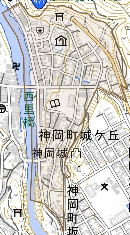 神岡町東町とその周辺の地図。町の範囲を重ねている