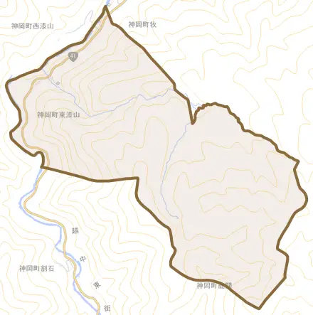 神岡町東漆山とその周辺の地図。町の範囲を重ねている