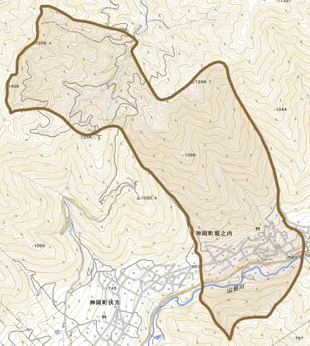 神岡町堀之内とその周辺の地図。町の範囲を重ねている