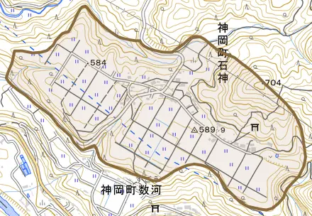 神岡町石神とその周辺の地図。町の範囲を重ねている