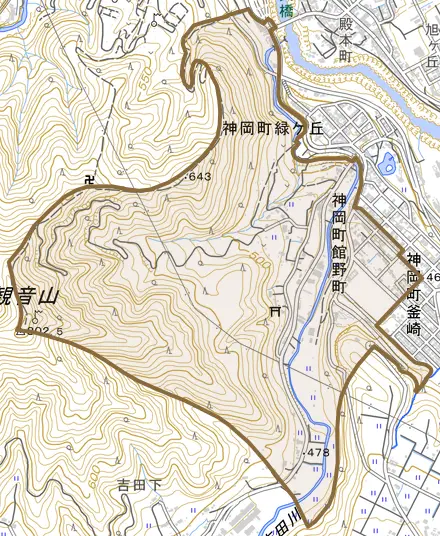 神岡町釜崎とその周辺の地図。町の範囲を重ねている
