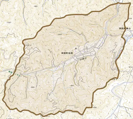神岡町柏原とその周辺の地図。町の範囲を重ねている
