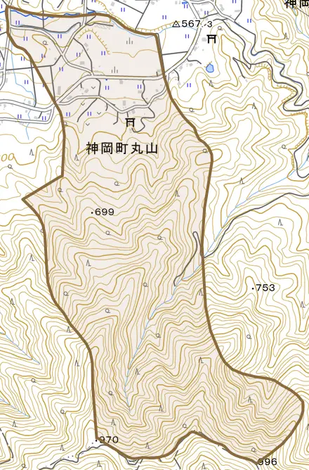 神岡町丸山とその周辺の地図。町の範囲を重ねている