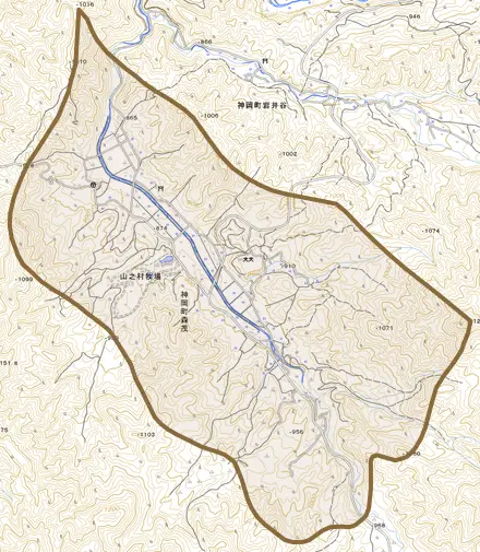神岡町森茂とその周辺の地図。町の範囲を重ねている