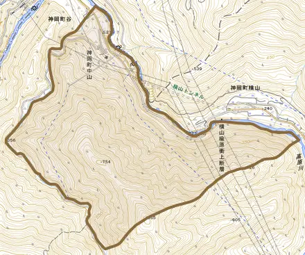 神岡町中山とその周辺の地図。町の範囲を重ねている