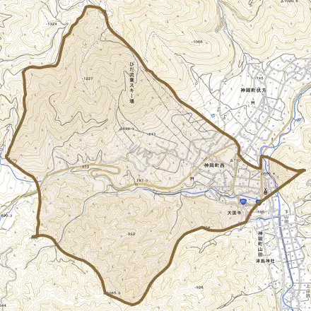 神岡町西とその周辺の地図。町の範囲を重ねている