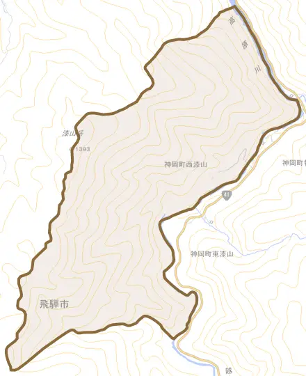 神岡町西漆山とその周辺の地図。町の範囲を重ねている