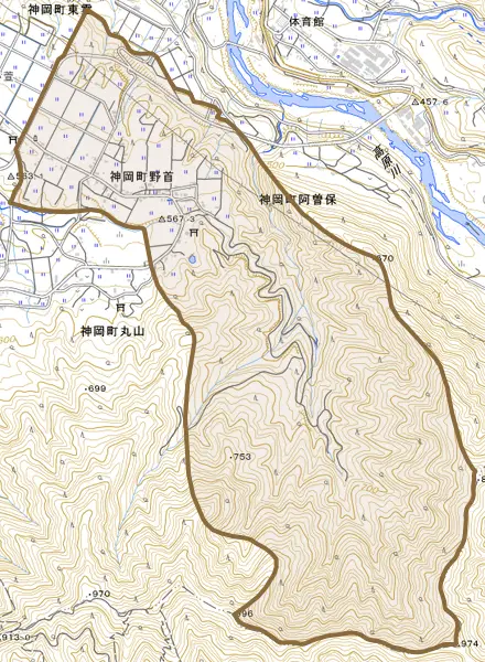 神岡町野首とその周辺の地図。町の範囲を重ねている