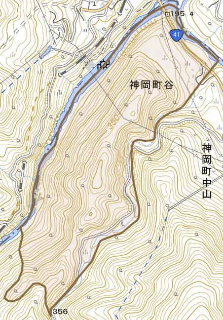 神岡町谷とその周辺の地図。町の範囲を重ねている